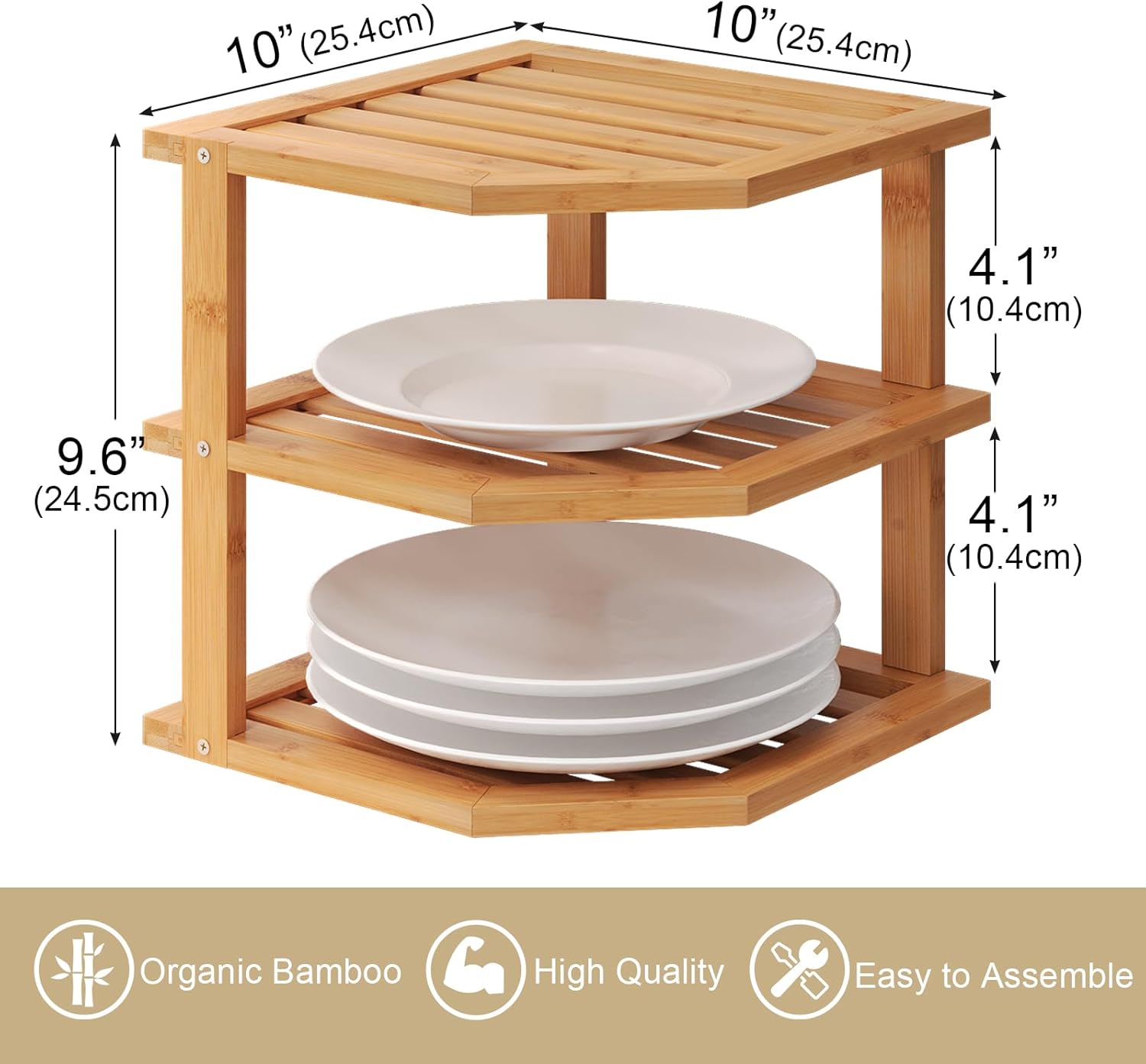 VERTORGAN 3 Tier Bamboo Corner Shelf(2 Pack),Plate Organizer,Dish Drying Rack,Kitchen Spice Rack for Countertop and Cabinet
