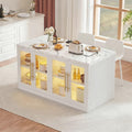 Kitchen Island with Storage, Imitation Marble Island Table with LED Lights & Cabinet for Kitchen, Modern Kitchen Carts on Wheels for Dining Room, Home Bar, White