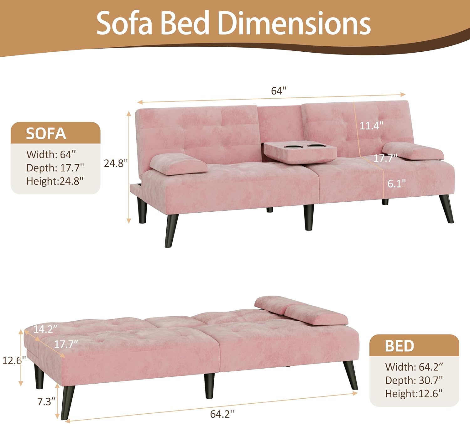 JAMFLY Futon Sofa Bed, 64" Small Futon Couch with Adjustable Backrest, 3-Angle Recliner, Detachable Armrests with Cup Holders for Small Spaces (Pink Velvet)