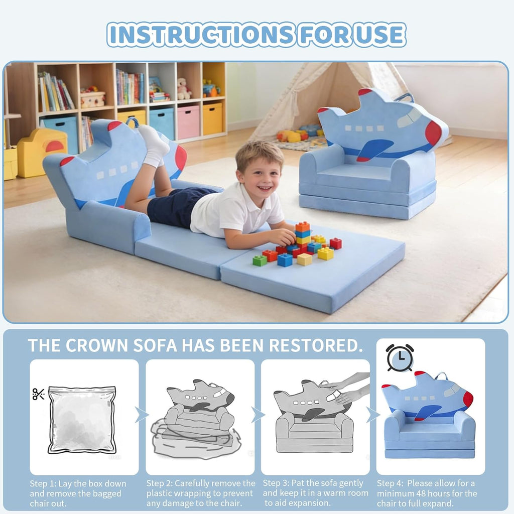 Toddler Couch 2 in 1 Flip-Out Kids Couch, Fold Out Foam Kids Sofa with Soft Washable Cover, Airplane Design for Playroom