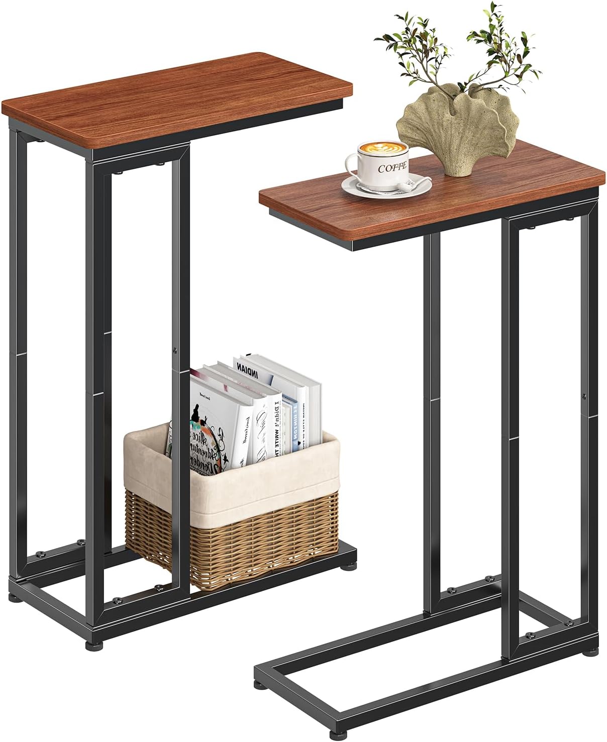 Ekisemio C-Shaped End Table Set of 2, Slide Under Sofa Side Table with Metal Frame, Rustic Brown for Living Room, Home Office, Small Spaces