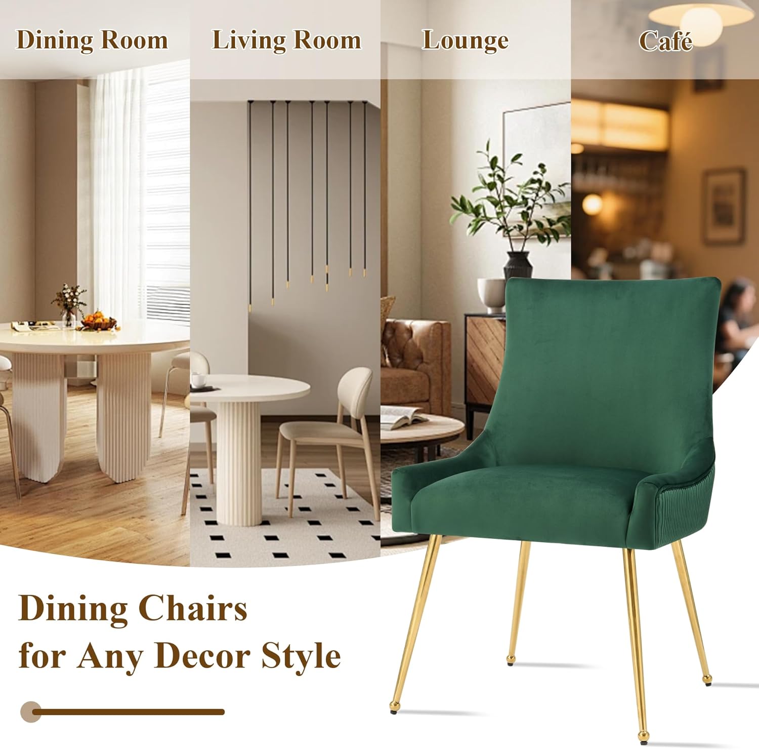 adochr Velvet Dining Chairs Set of 2, Modern Upholstered Kitchen Chair with Pull Handle & Pleated Back, Mid Century Accent Chair with Gold Metal Legs for Vanity,Dining,Kitchen,Living Room, Green