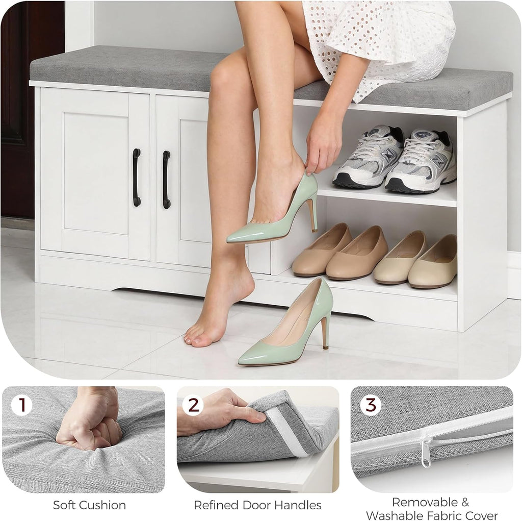 MAHANCRIS Storage Bench, 39.4" Wide Shoe Bench with Padded Seat Cushion, Entryway Bench with 2 Doors and Adjustable Shelf, End of Bed Bench, for Hallway, Bedroom, White and Gray BSWT1201
