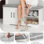 MAHANCRIS Storage Bench, 39.4" Wide Shoe Bench with Padded Seat Cushion, Entryway Bench with 2 Doors and Adjustable Shelf, End of Bed Bench, for Hallway, Bedroom, White and Gray BSWT1201