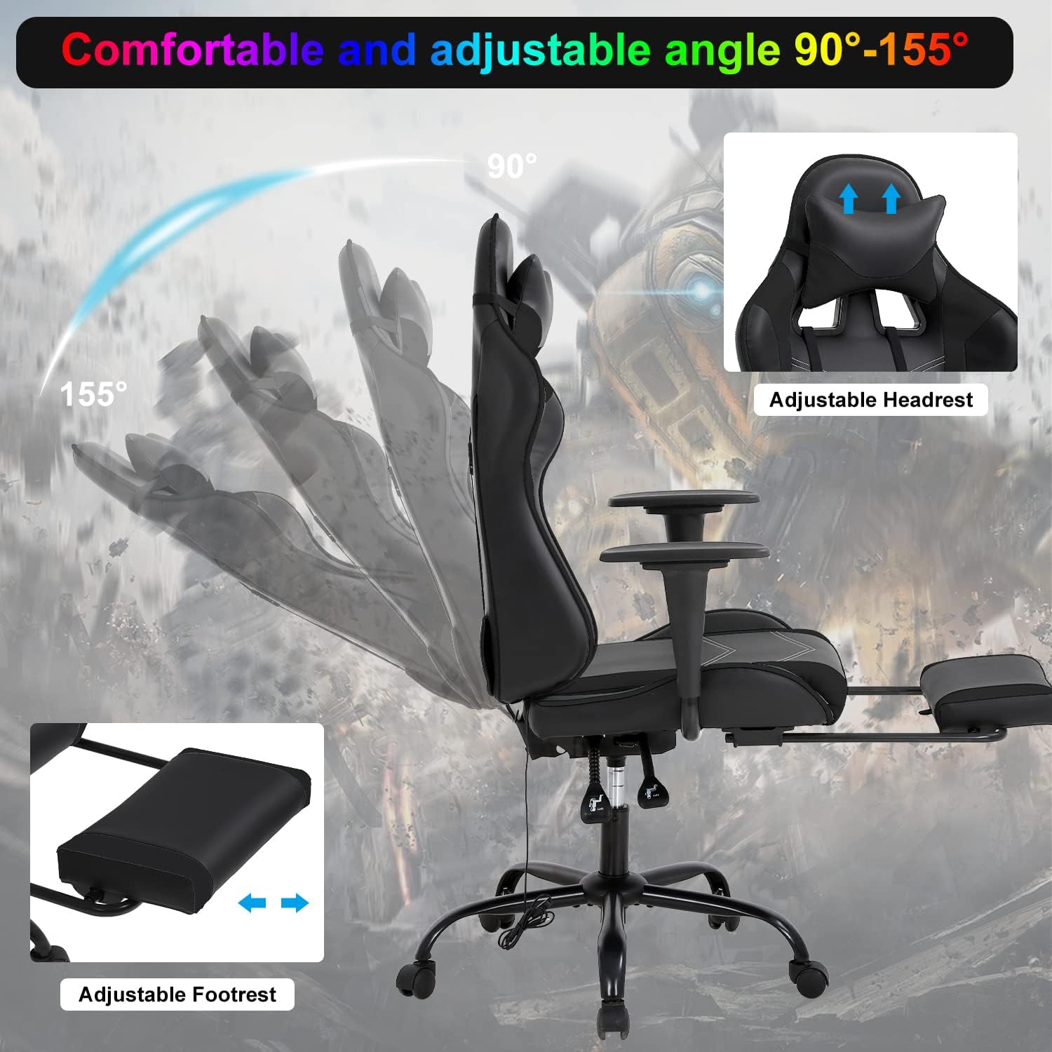 Gaming Desk Chair - High Back Computer Ergonomic Massage PC Racing Chair With Waist Support, Retractable Foot Pedal, PU Leather Recliner, Rolling Adjustable Swivel for Women Men