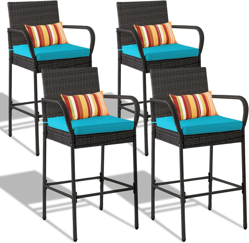 Sundale Outdoor Wicker Bar Stool Set of 4, Patio Counter Height Pub Chair with Arms, High Top Rattan Barstool, Cushion Beige, All-Weather Outdoor Rattan Furniture (Gray&Blue, Small Seat - 4 Stools)
