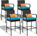 Sundale Outdoor Wicker Bar Stool Set of 4, Patio Counter Height Pub Chair with Arms, High Top Rattan Barstool, Cushion Beige, All-Weather Outdoor Rattan Furniture (Gray&Blue, Small Seat - 4 Stools)