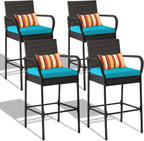 Sundale Outdoor Wicker Bar Stool Set of 4, Patio Counter Height Pub Chair with Arms, High Top Rattan Barstool, Cushion Beige, All-Weather Outdoor Rattan Furniture (Gray&Blue, Small Seat - 4 Stools)