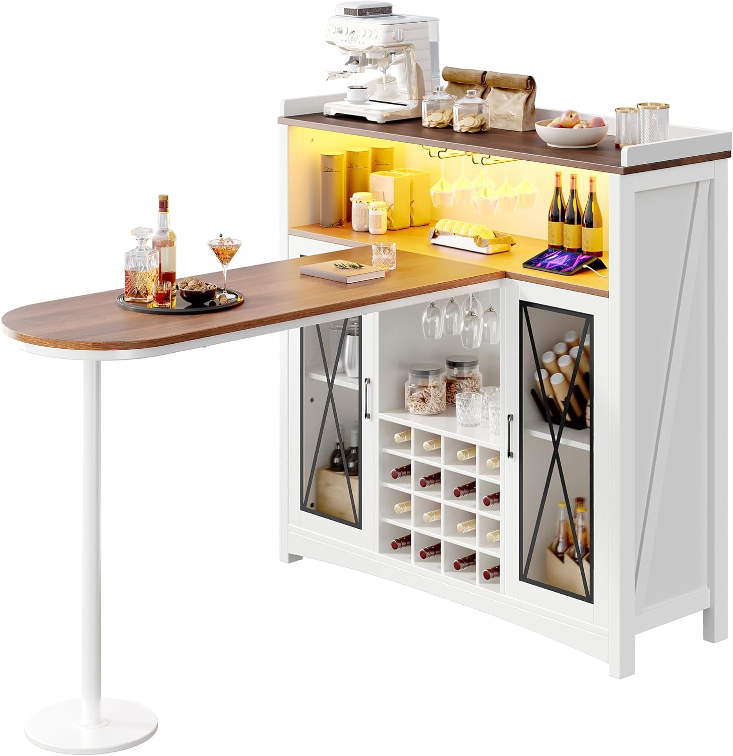 YITAHOME Mini Home Bar Unit with Wine Bar Cabinet & LED Light, Tall Height Large Bar Table with Wine Rack, Farmhouse Coffee Cabinet with Storage Glasses Hanger Footrest for Home Kitchen Pub, White