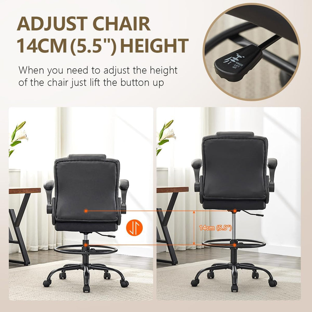 Pu Leather Drafting Chair,Tall Office Chair for Standing Desk with Footring,Counter Height Adjustable High Office Chair with Flip-up Armrests for Home,Drawing