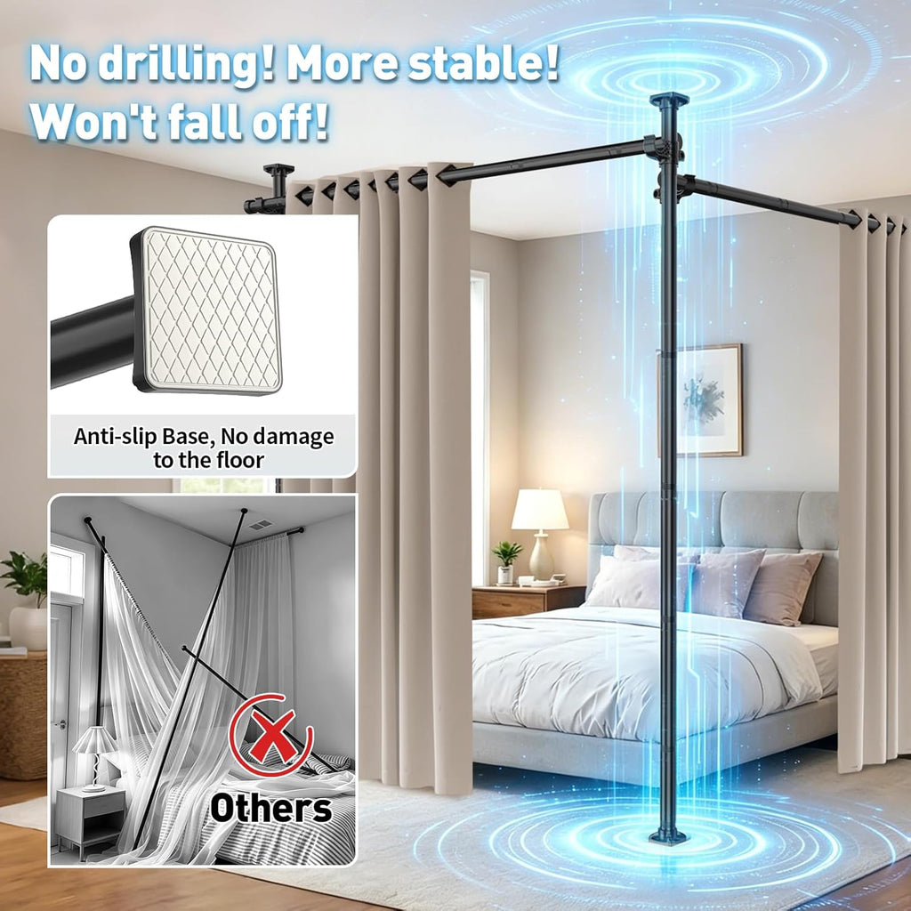SUNALLY Room Divider Tension Curtain Rod, No Drilling Room Separator for Space Partition, 4-10ft(H) 32-200inch(W) Adjustable Heavy Duty Temporary Wall Divider Floor to Ceiling Tension Rod, Black
