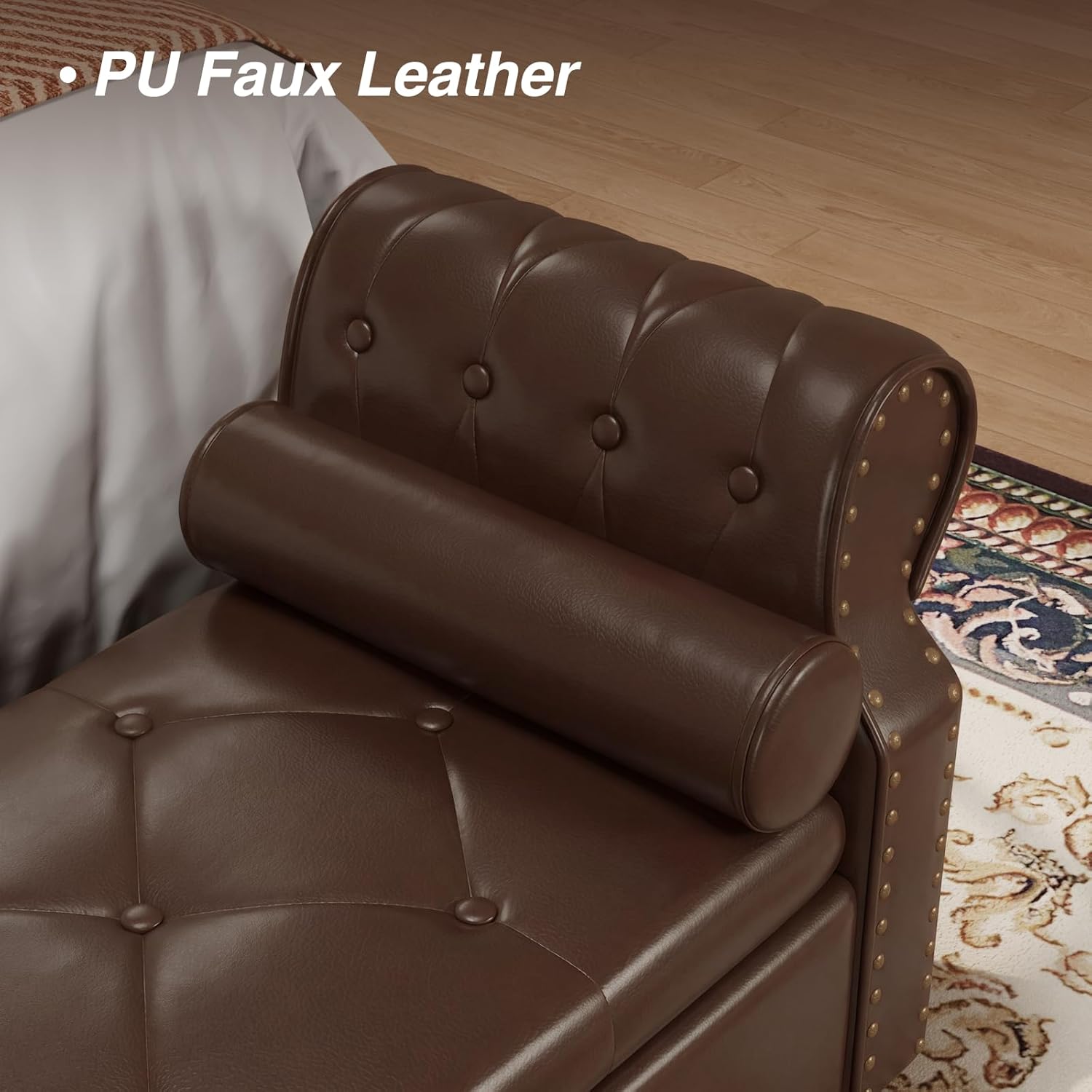 FiveWillowise 65" End of Bed Storage Bedroom Bench with Storage,Faux Leather Storage Ottoman Bench with Rolled Arms and Nailhead Trim for King Size End of Bed,Entryway,Living Room,Chocolate