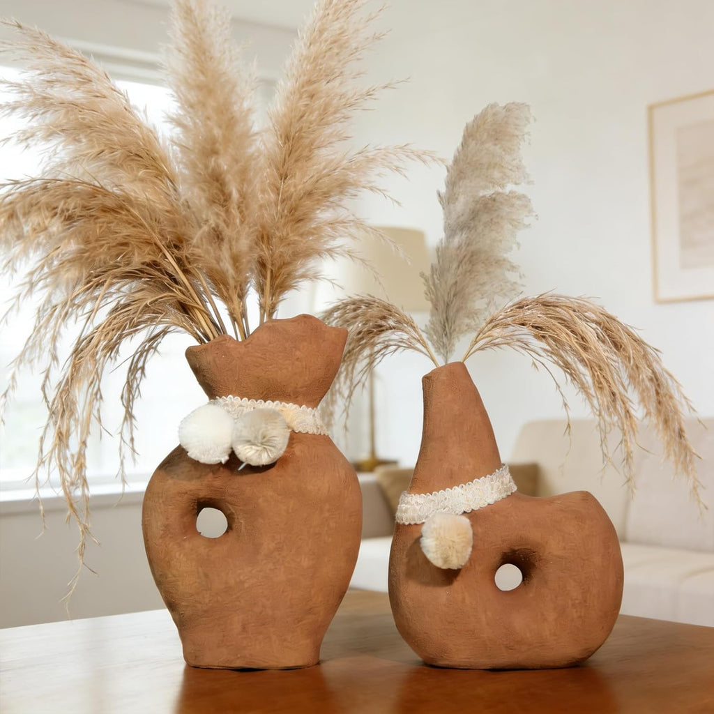 Modern Ceramic Flower Vase for Home Decor, Rustic Farmhouse Vases Set of 2 Terracotta Decorative Pottery Boho Vases for Pampas Grass Living Room Kitchen Bedroom Entryway Mantel Decor