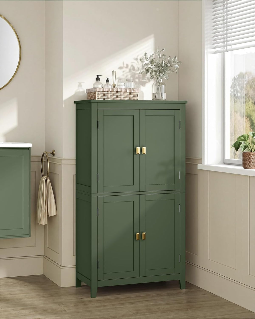 SONGMICS HOME Freestanding Storage Cabinet, Floor Cabinet with Elevated Legs, Metal Handles, for Living Room, Kitchen, Bathroom, Green
