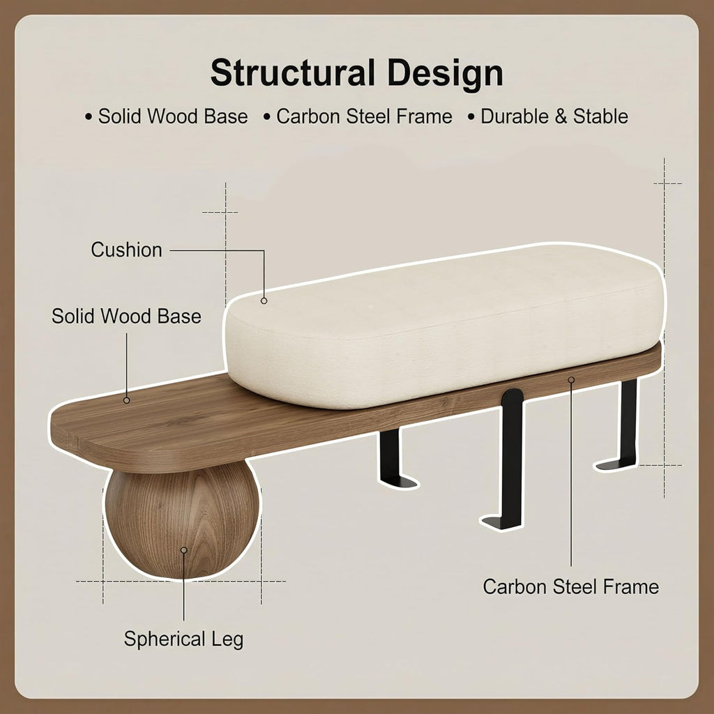 Wooden Boucle Bench with Abstract Metal Leg, Modern Entryway Bench, Upholstered End of Bed Bench,Shoe Changing Bench for Entryway Livingroom Bedroom (140cm/55.1")