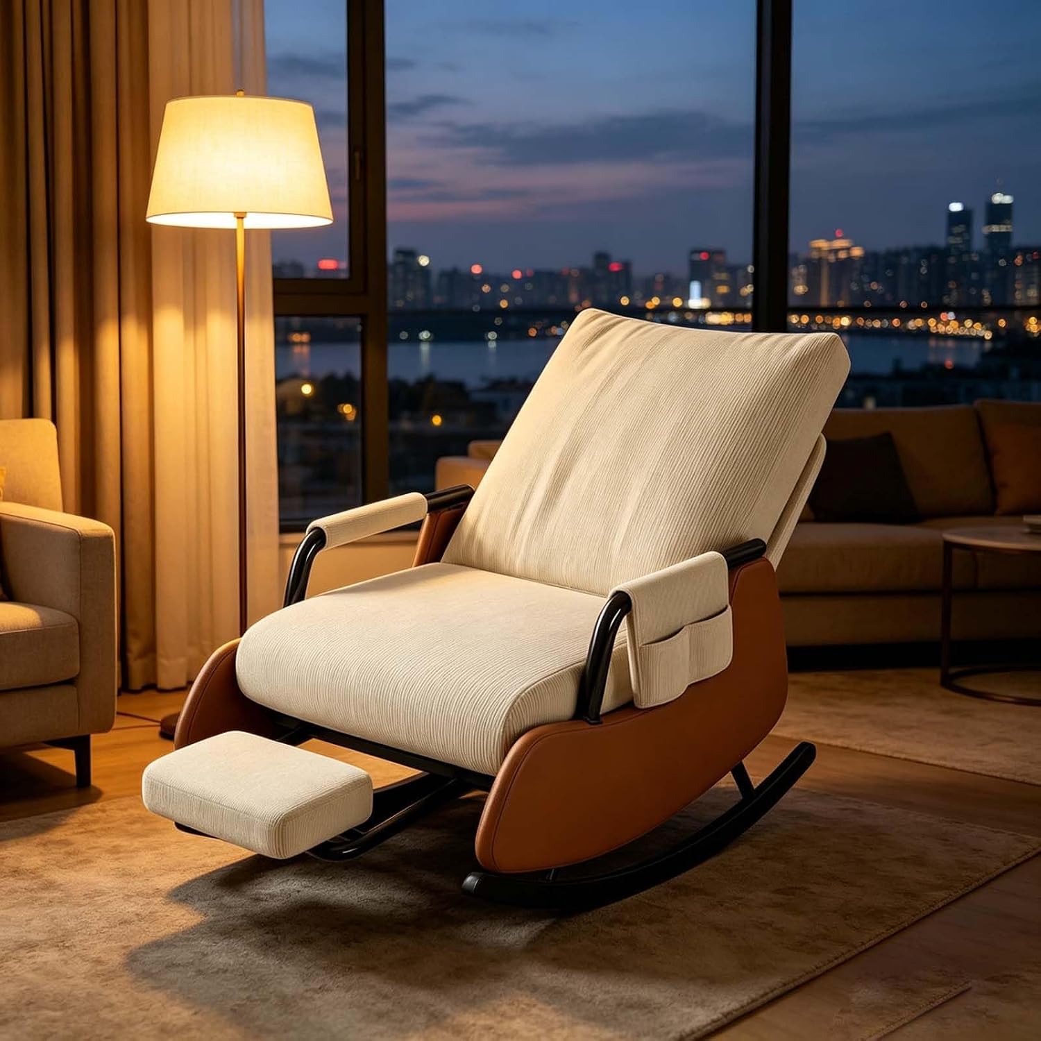 Space-Saving Folding Rocking Lounge Chair with Footrest | Washable Corduroy Cover Leisure Rocker for Home Office Break Time