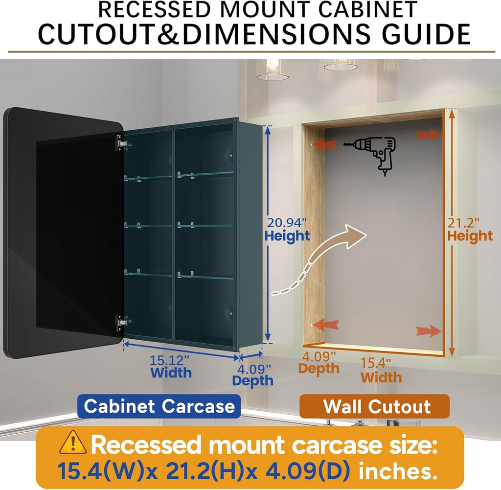 16x24 Medicine Cabinet with Mirror, Aluminum Bathroom Wall Organizer, Pre-Assembled, Center Partition for Tall Bottles, 6 Adjustable Shelves, Soft-Close, Recessed/Surface Mount, Matte Black