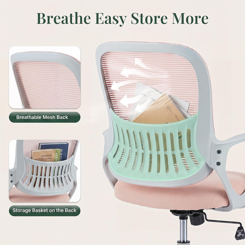Home Office Desk Chair, Ergonomic Mid-Back Mesh Computer Chair with Comfortable Lumbar Support, Height Adjustable Swivel Task Chair with Fixed Armrest for Adults, Student, Pink