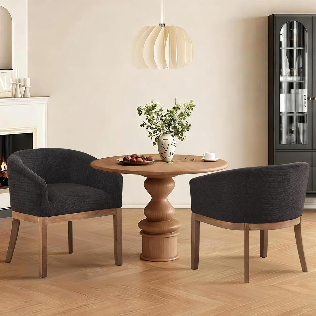 SoarFlash Modern Upholstered Barrel Dining Chair Set of 2, Natural Hardwood Frame, Farmhouse Linen Chairs for Dining Room, Kitchen(Black)