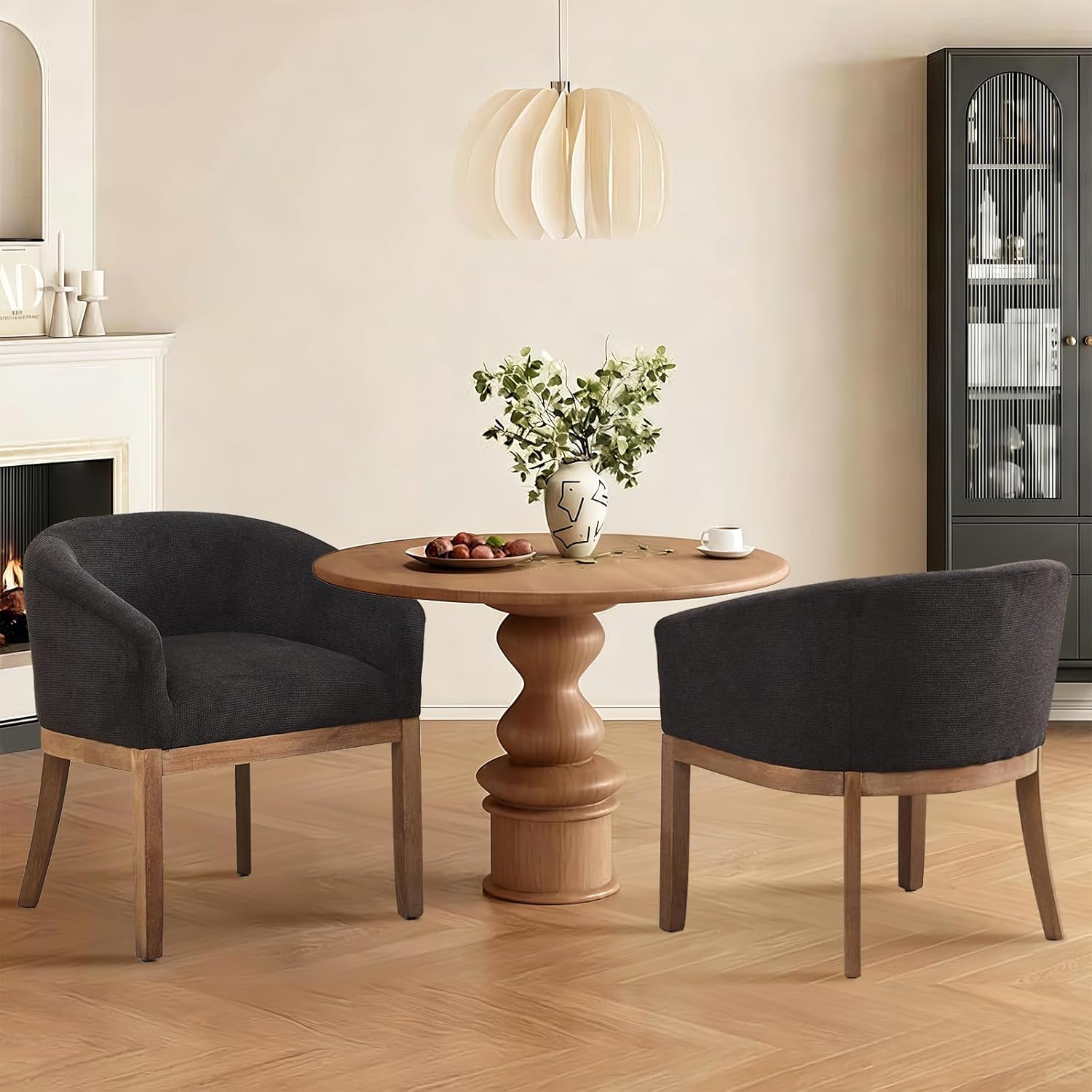 SoarFlash Modern Upholstered Barrel Dining Chair Set of 2, Natural Hardwood Frame, Farmhouse Linen Chairs for Dining Room, Kitchen(Black)