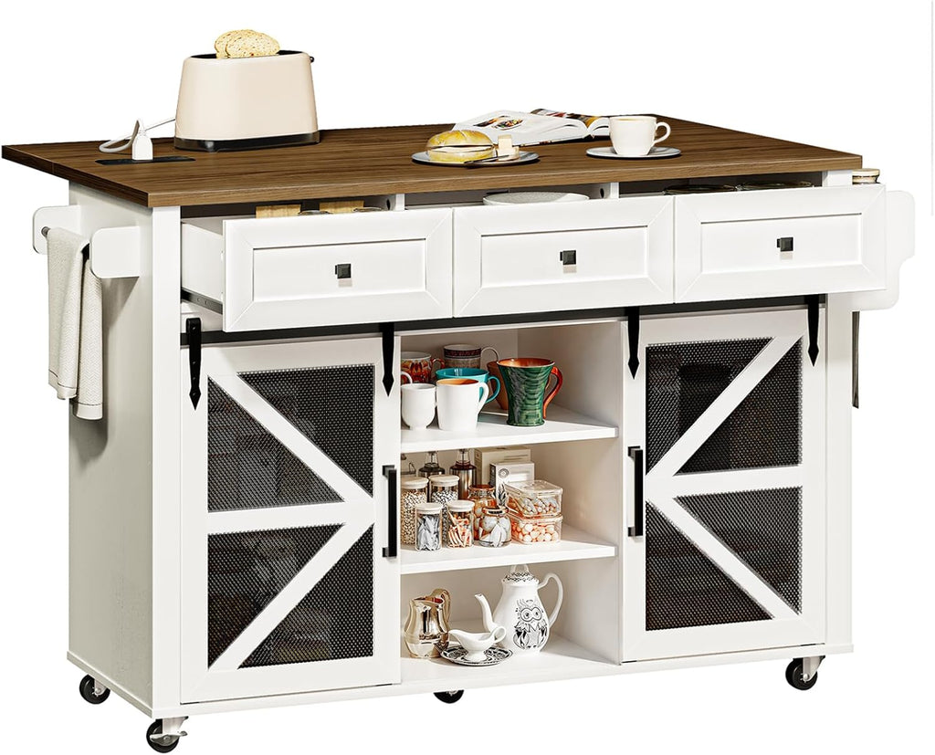 RALGEND Kitchen Island with Storage, 55" Kitchen Cart with Charging Station, Rolling Kitchen Island Table with Drop-Leaf, 3 Drawers, Barn Doors, Towel Rack and Spice Rack, White and Walnut