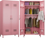 Aobabo Metal Wardrobe Closet with 2 Doors, 19" Deep Metal Wardrobe Cabinet with 4 Adjustable Shelves and 2 Hannging Rods, Storage Locker for Home, Pink, Assembly Required