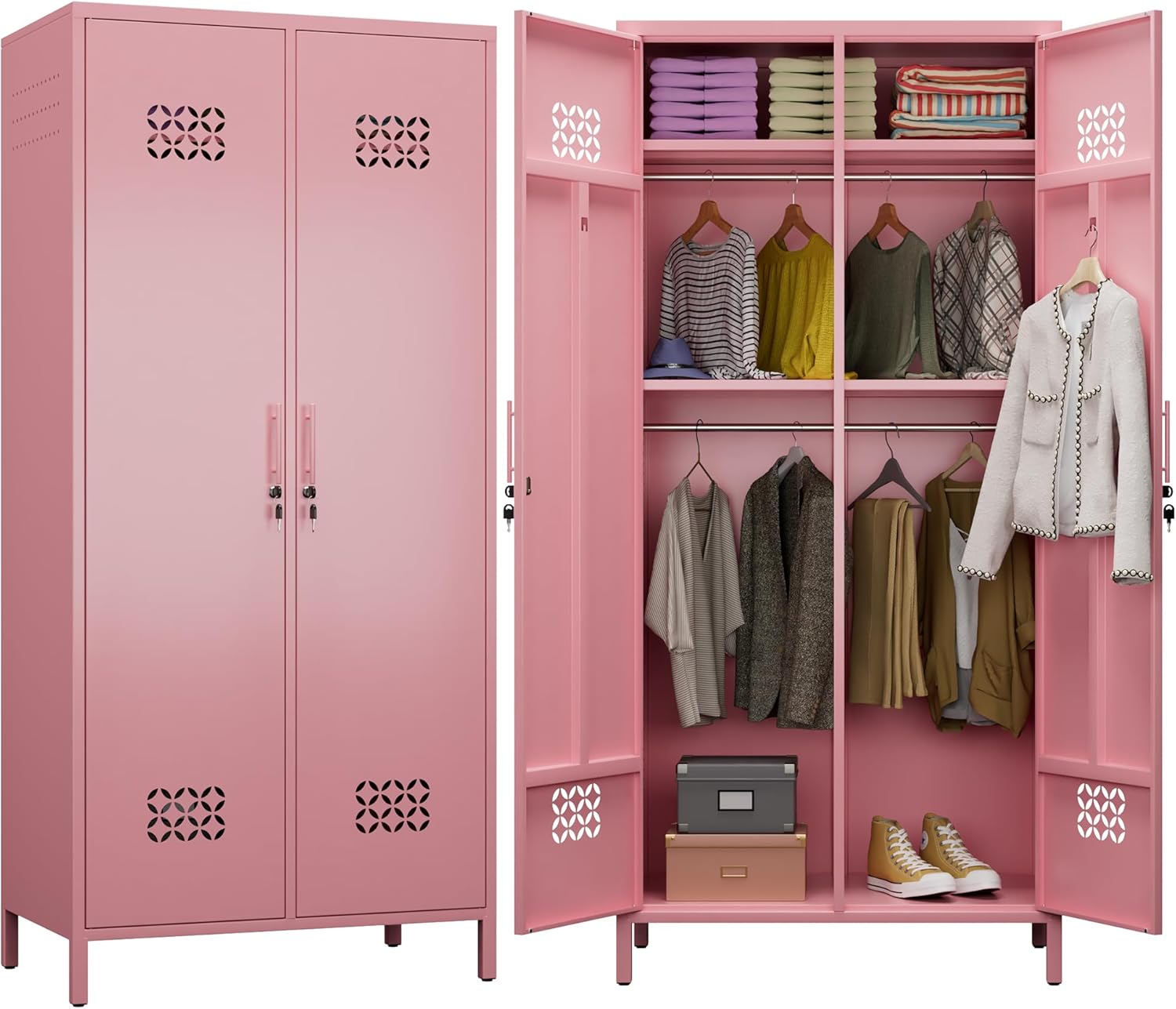 Aobabo Metal Wardrobe Closet with 2 Doors, 19" Deep Metal Wardrobe Cabinet with 4 Adjustable Shelves and 2 Hannging Rods, Storage Locker for Home, Pink, Assembly Required