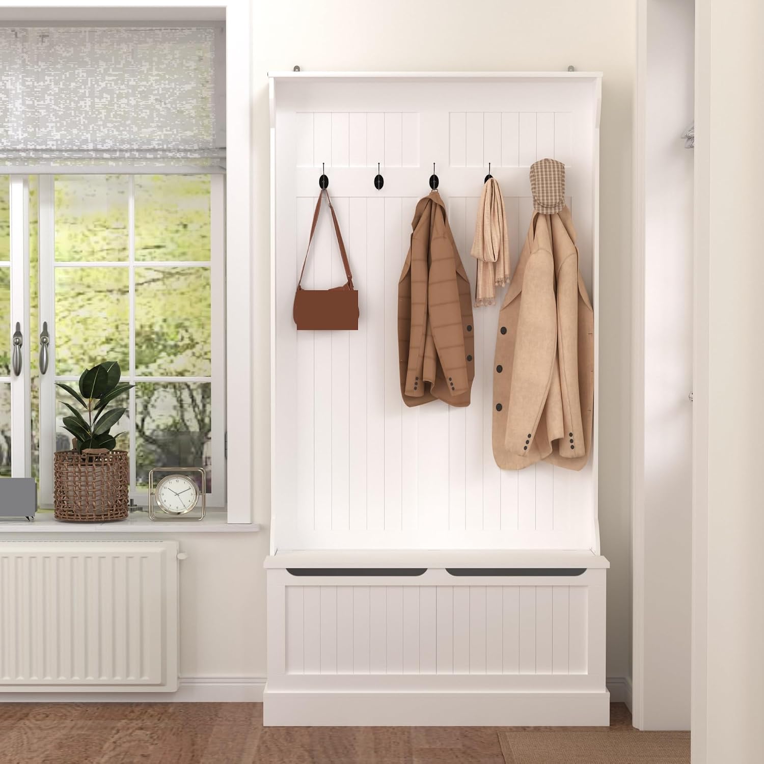 Entryway Bench with Standing Coat Rack, Hall Tree with Shoe Storage Bench, Entryway Organizer with 5 Hooks,for Kitchen Home