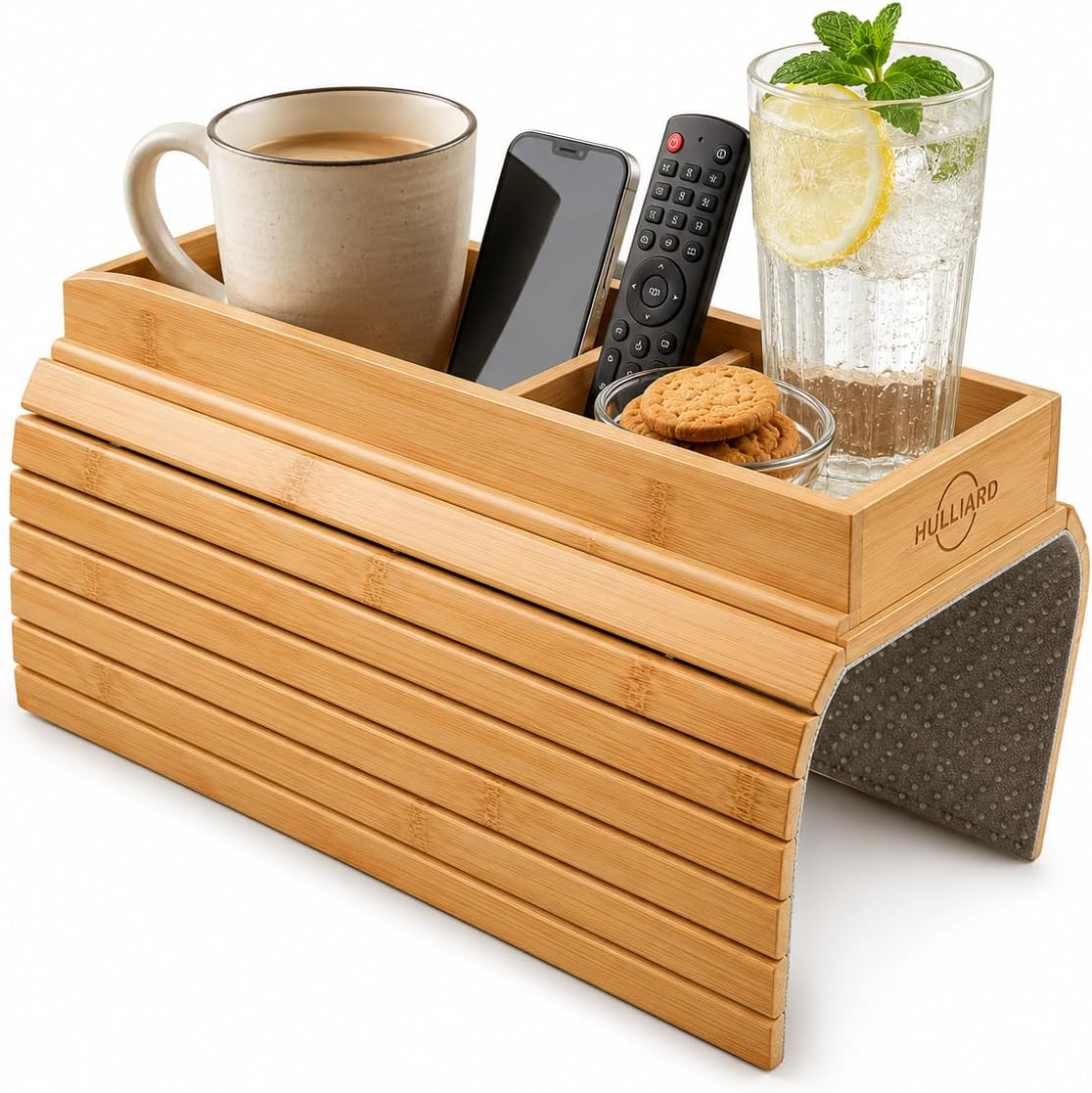Bamboo Sofa Armrest Tray - Foldable Couch Arm Tray with Cup Holder - 2 in 1 Anti-Slip Sofa Armchair Caddy Table for Drinks, Phone, TV Remote, Snacks