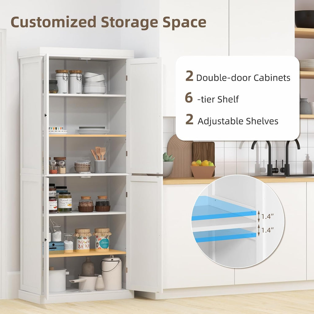 LOKO 4 Door Kitchen Pantry Cabinet, Freestanding Storage Cabinet with Adjustable Shelve, 72.5” Tall Buffet Cabinet for Dining Room, Living Room, Laundry, Home Office (White)