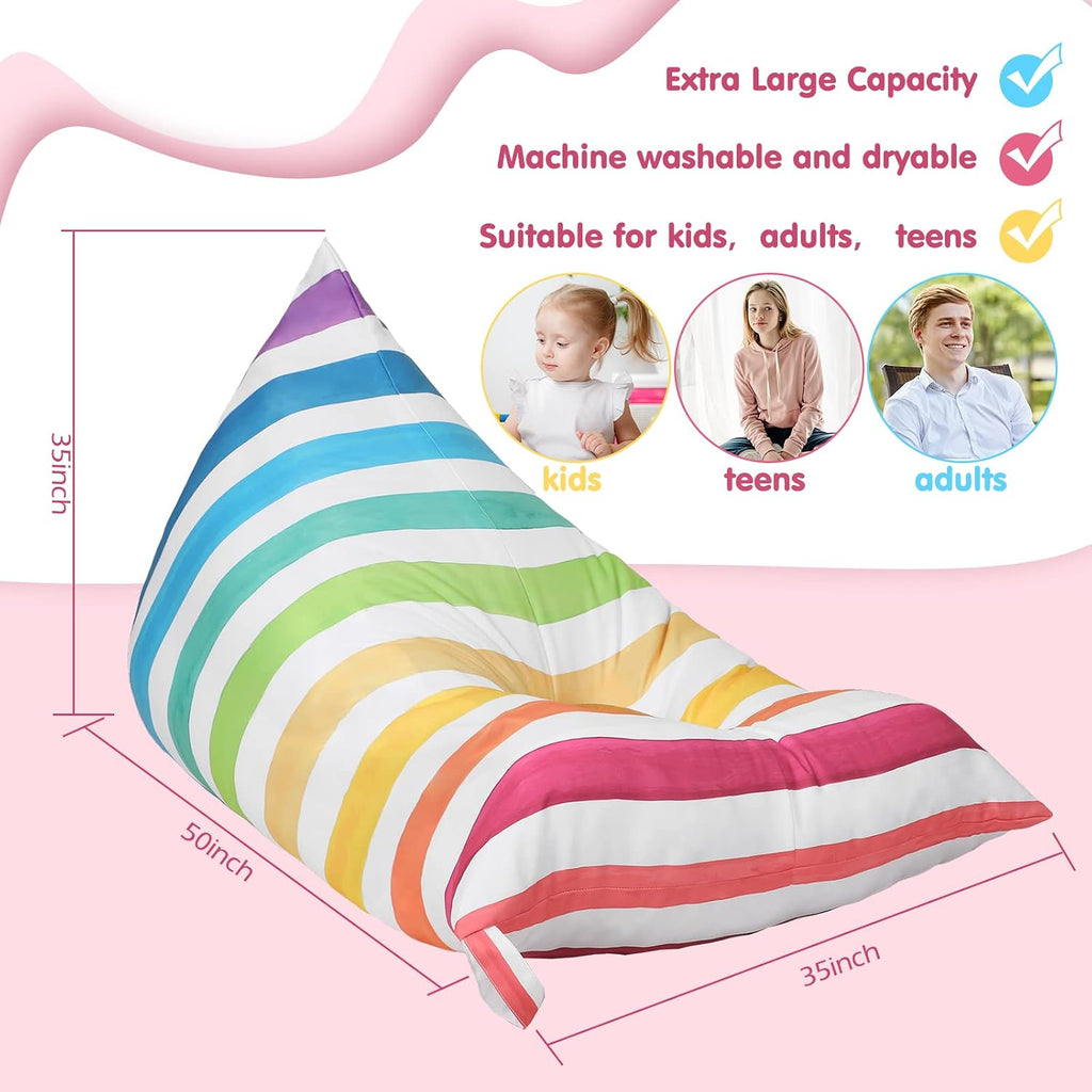 Sotiff Stuffed Animal Storage Bean Bag Chair Cover for Kids Extra Large Stuffed Canvas Bean Bag Cover for Organizing Children Plush Toys Holder Kids' Room, No Filling, 50 x 35 x 35 Inch(Rainbow Style)
