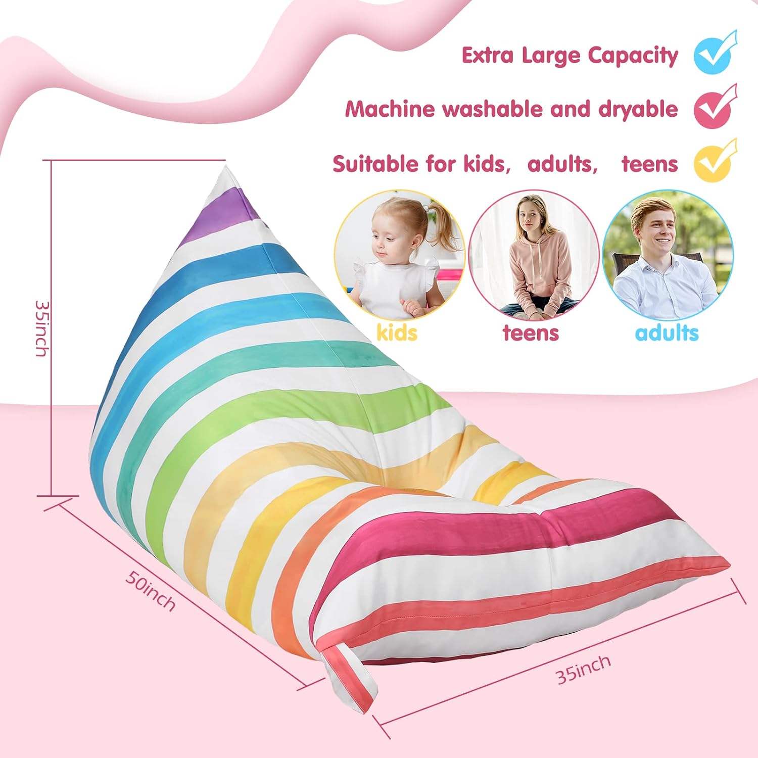 Sotiff Stuffed Animal Storage Bean Bag Chair Cover for Kids Extra Large Stuffed Canvas Bean Bag Cover for Organizing Children Plush Toys Holder Kids' Room, No Filling, 50 x 35 x 35 Inch(Rainbow Style)