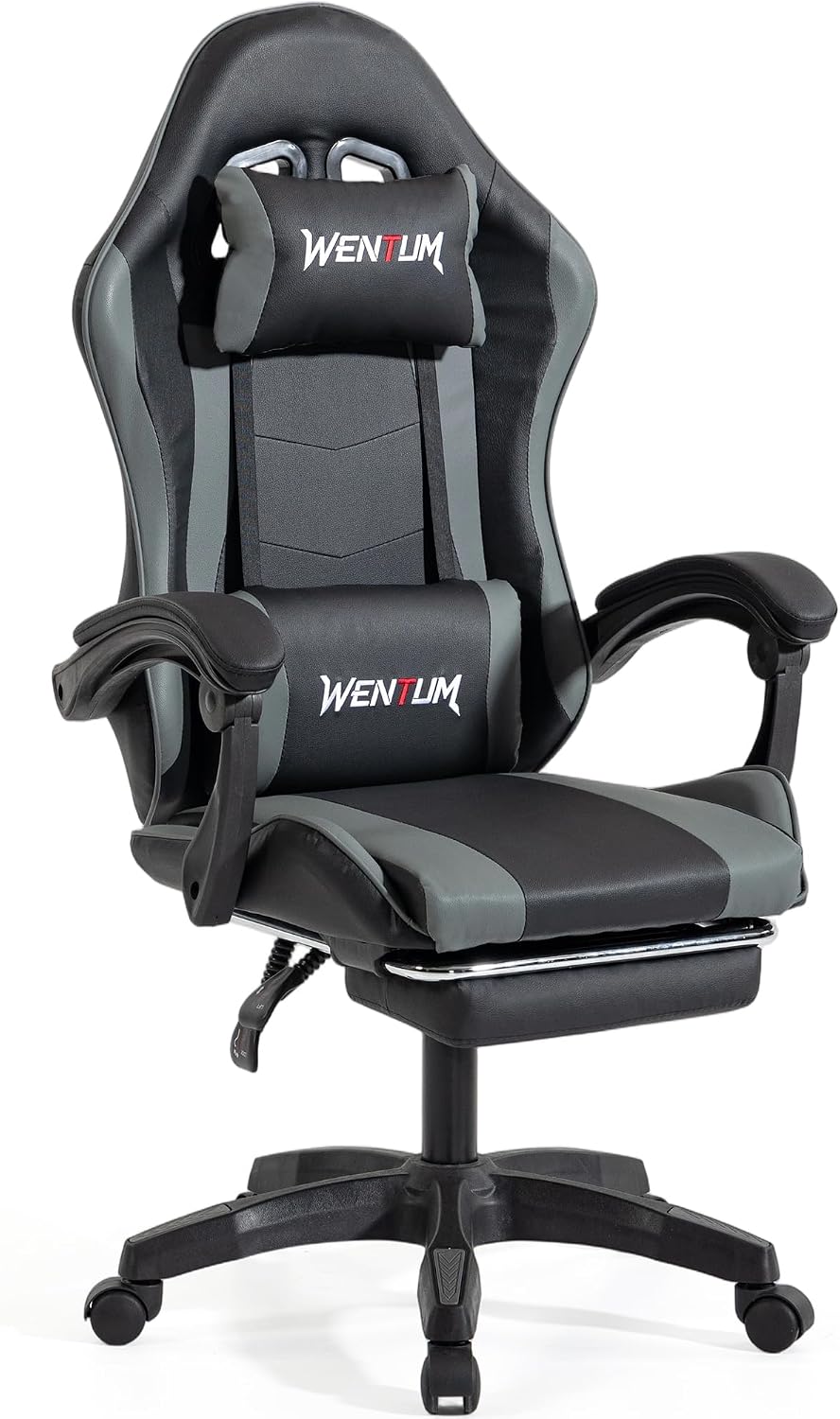 Ergonomic Gaming Chair with Footrest, Grey Black Video Game Chair w/Adjustable Headrest & Lumbar Support for Adults Kids, 360° Swivel for Home Office Bedroom Gaming Room, Grey&Black
