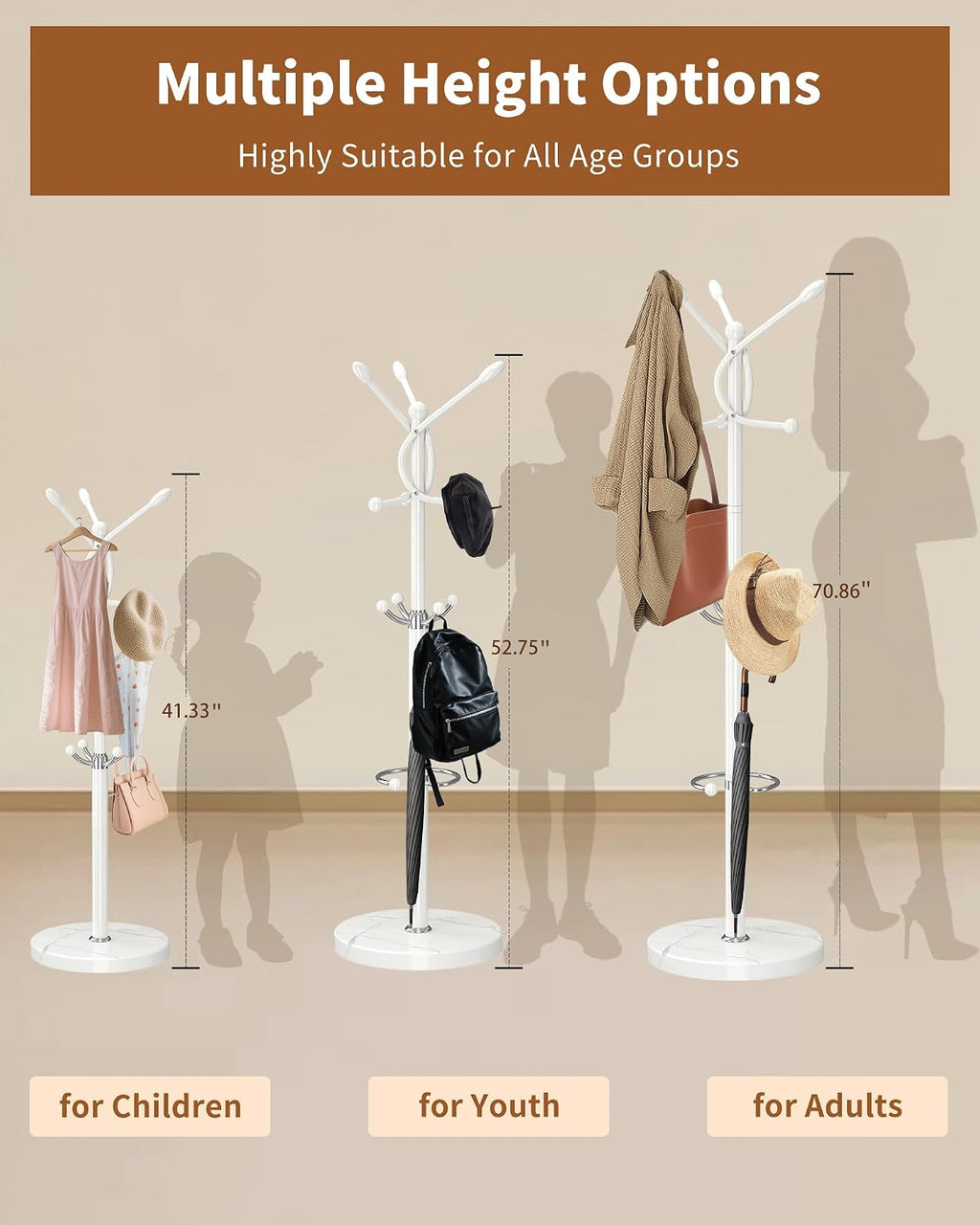 Metal Coat Rack with Natural Marble Base, Coat Rack Stand with 12 Hooks & Umbrella Holder, White Modern Freestanging Coat Racks, Coat Jacket Hanger Tree Stand for Corner Entryway Office