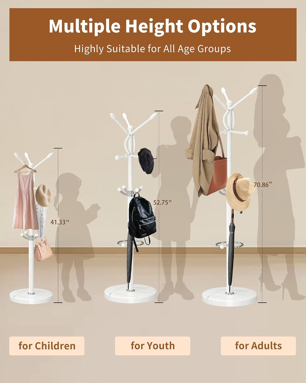 Metal Coat Rack with Natural Marble Base, Coat Rack Stand with 12 Hooks & Umbrella Holder, White Modern Freestanging Coat Racks, Coat Jacket Hanger Tree Stand for Corner Entryway Office