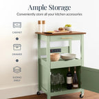 Best Choice Products Rolling Kitchen Island Cart, Single Door Cabinet W/Drawer, Sliding Tray, Outlet, Swivel Lockable Wheels, Hooks, Coffee Cart, Microwave Stand, for Dining Room - Pistachio Green