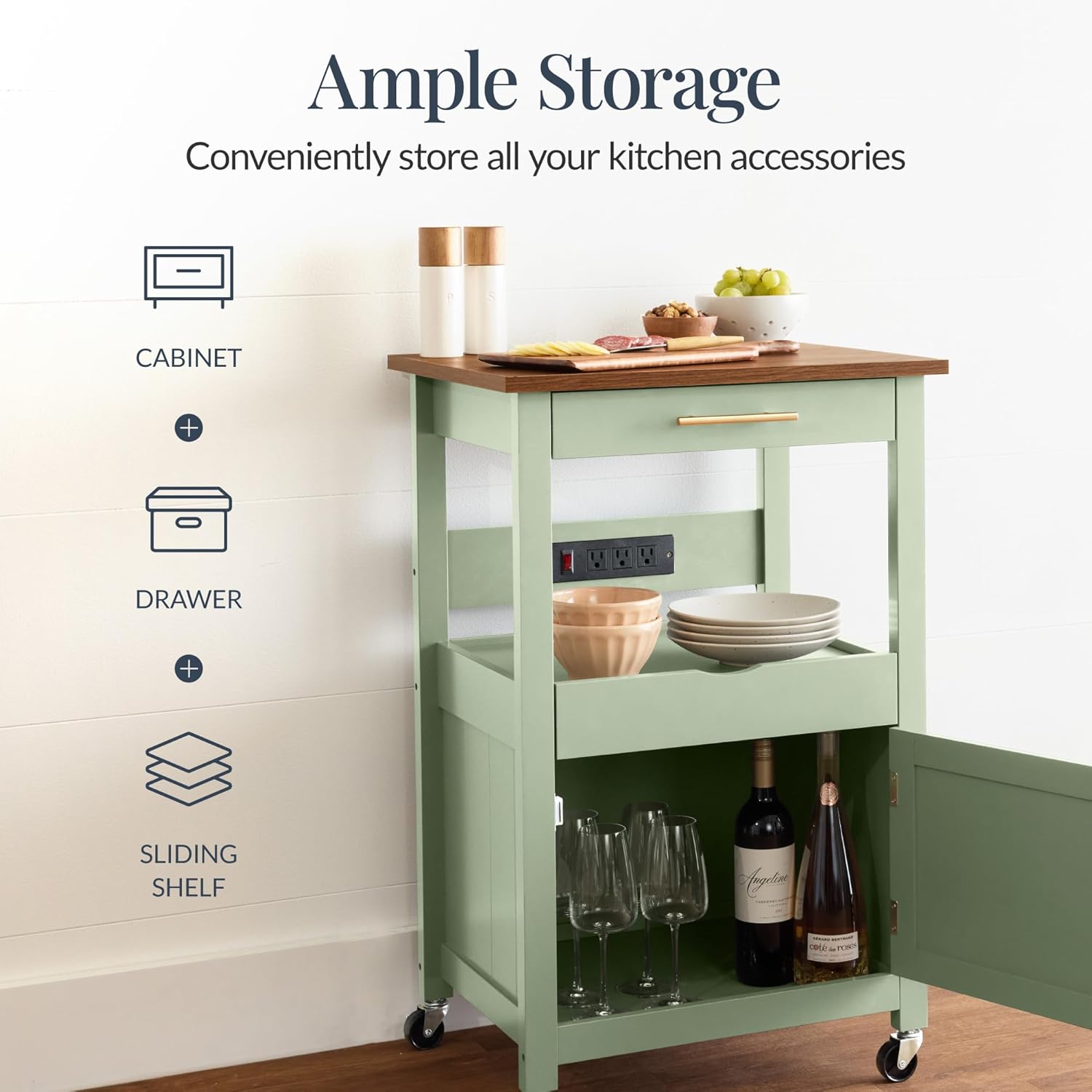 Best Choice Products Rolling Kitchen Island Cart, Single Door Cabinet W/Drawer, Sliding Tray, Outlet, Swivel Lockable Wheels, Hooks, Coffee Cart, Microwave Stand, for Dining Room - Pistachio Green