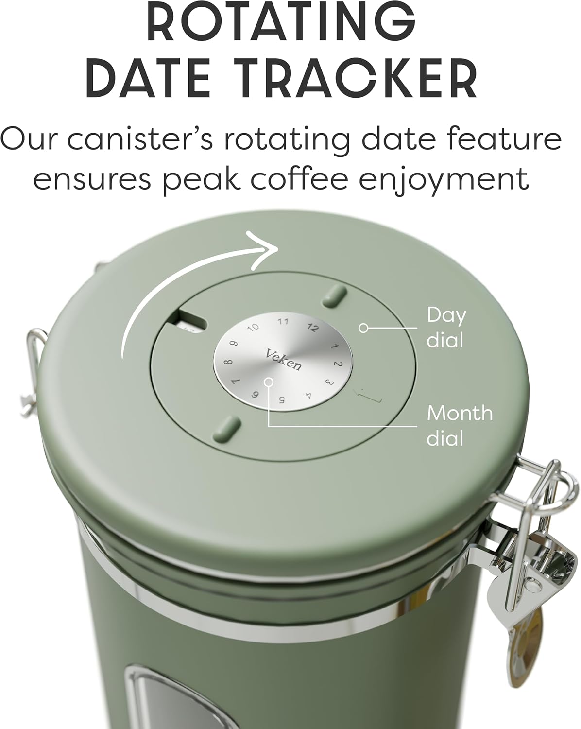 Veken Coffee Canister with Window, Airtight Stainless Steel Kitchen Food Storage Container with Lids, Date Tracker and Scoop for Ground, Beans, Tea, Flour, Cereal, Sugar Jars, 22OZ, Green