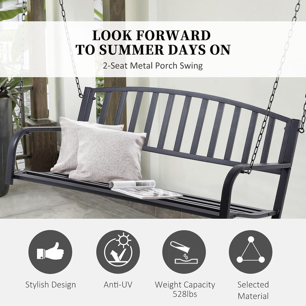 2-Person Powder-Coated Steel Swing Bench for Porch, Backyard, Deck with 528lb Capacity, Slatted Seat, Black