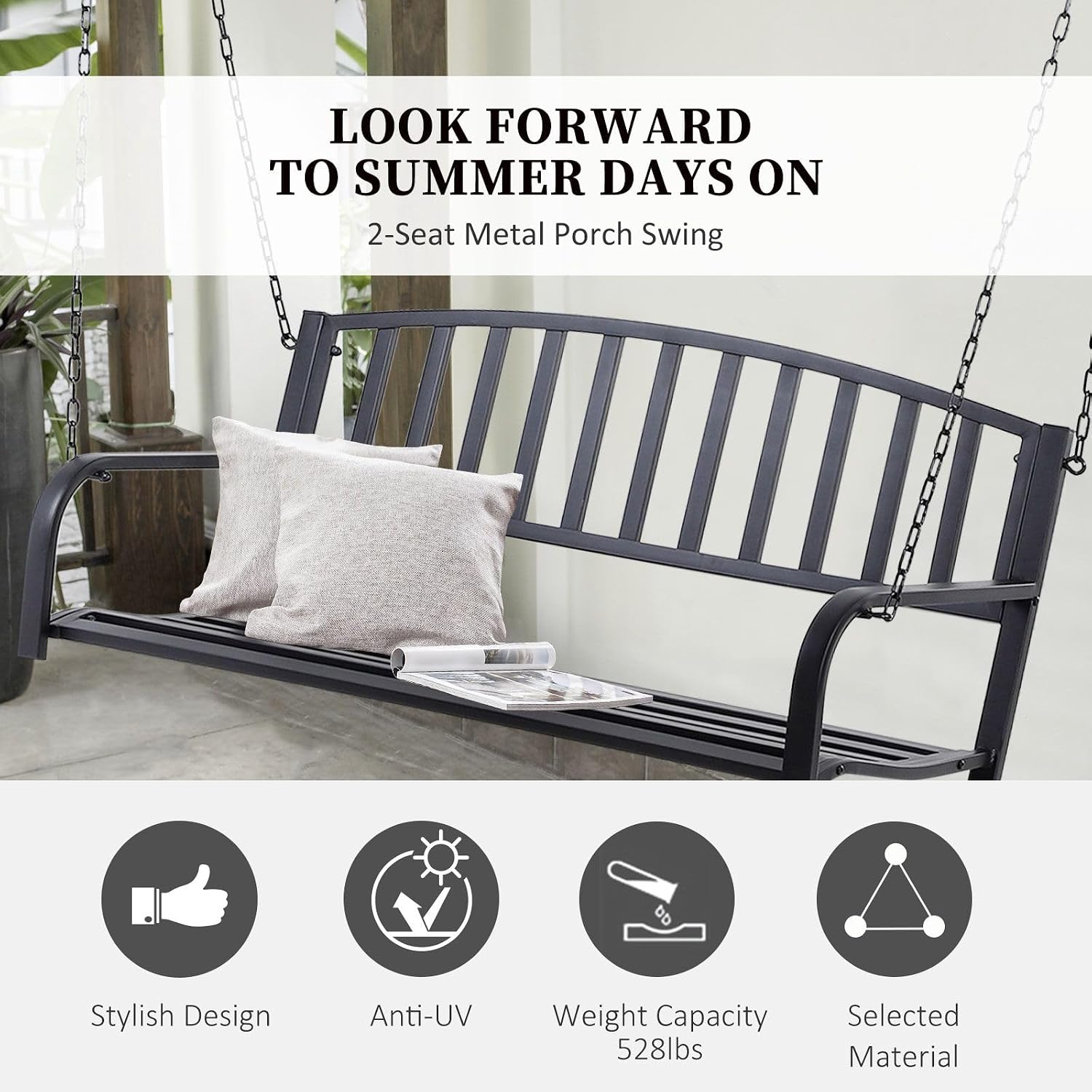 2-Person Powder-Coated Steel Outdoor Swing Bench 528 lb Capacity for Patio and Deck