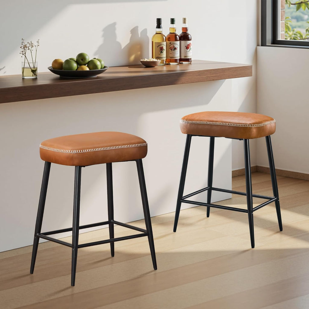 STOOLINK 24 Inch Bar Stools Set of 2, Counter Height Bar Stool for Kitchen Island, Metal Bar Stools for Counter, Modern Kitchen Stools with Sturdy Metal Base and Adjustable Foot Pins, Brown