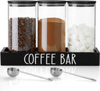 Glass Coffee Canister for Ground Coffee - 3Pcs 45oz Coffee and Sugar Container Set with Airtight Bamboo Lids and Black Tray - Farmhouse Coffee Bean Storage Jars for Coffee Bar Decor and Accessories
