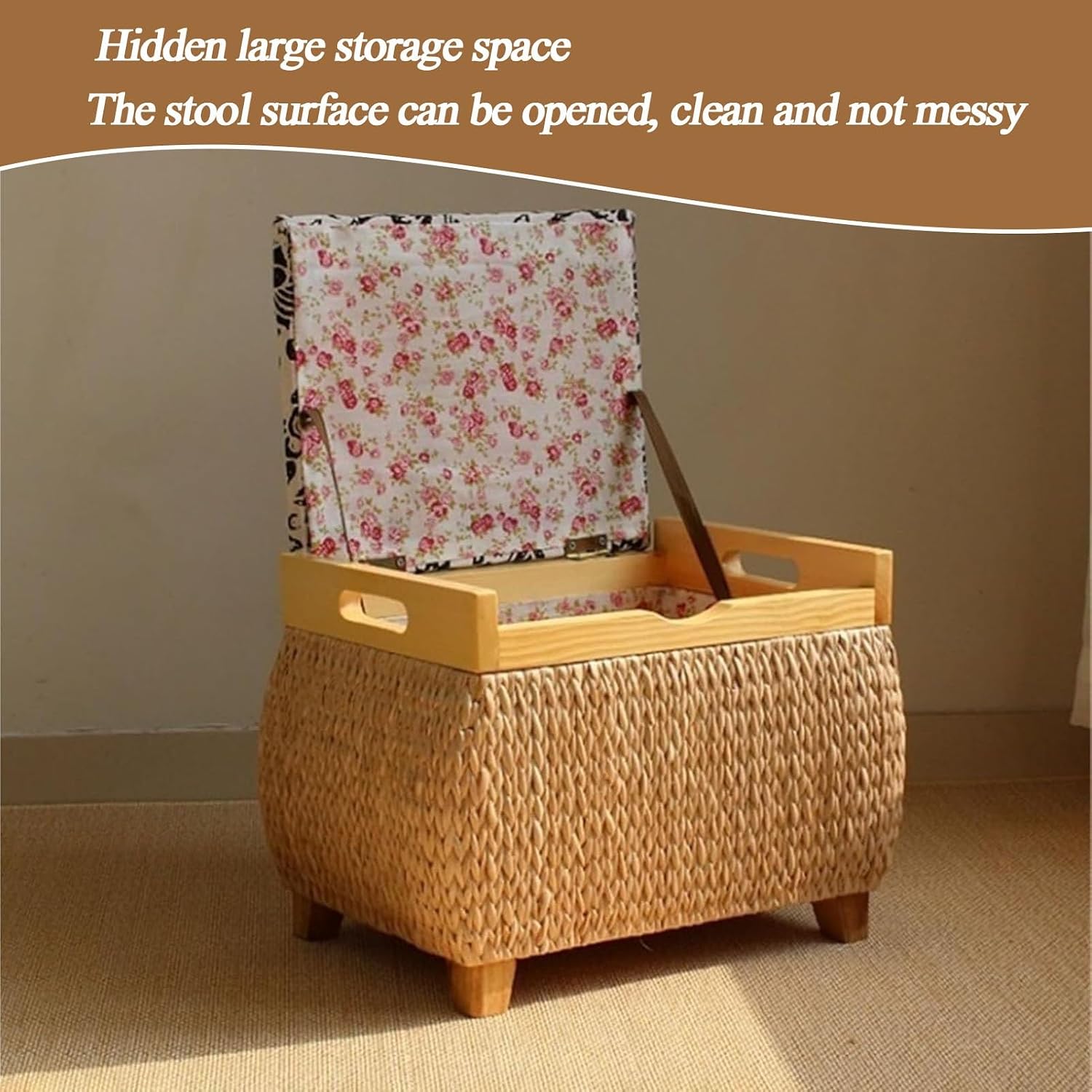 Ottoman with Storage Rattan Woven ，Bench with Padded Seat End of The Bed Entry Bench Footrest Stool for Hallway Living Room(Primary color1,40cm/15.7in)