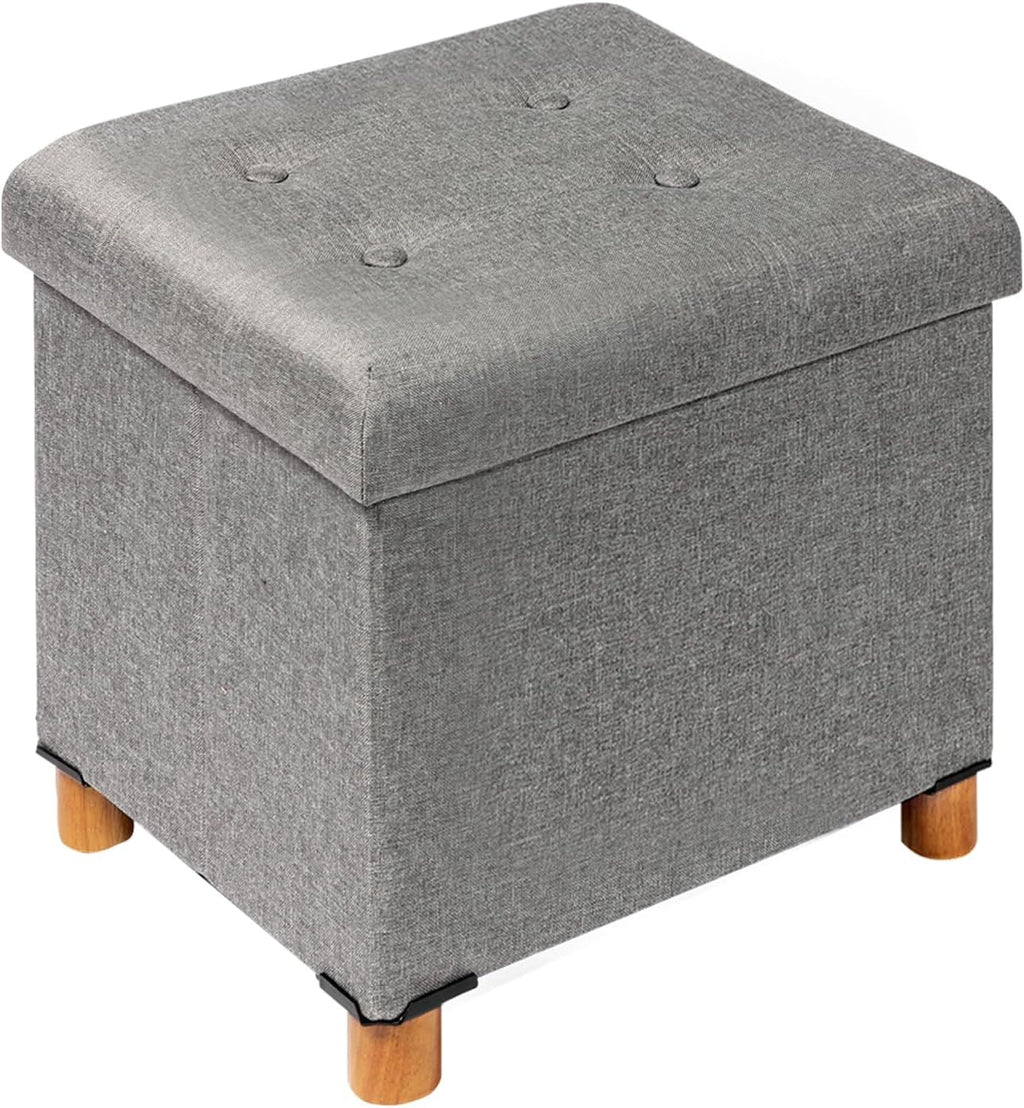 PINPLUS Storage Ottoman Cube, White Linen Footrest with Wooden Legs, Foldable Fabric Footrest, Comfortable Seat with Lid, Ottoman with Storage for Living Room, 15" x 15" x 15"，Grey