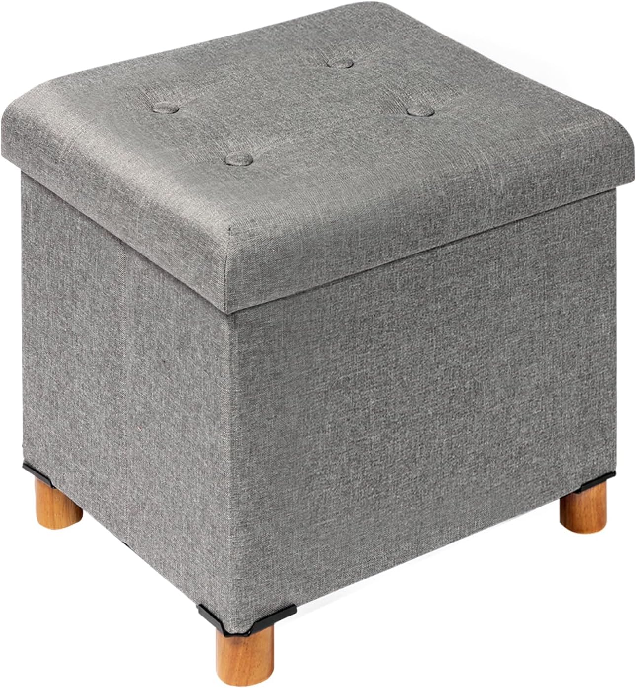 PINPLUS Storage Ottoman Cube, White Linen Footrest with Wooden Legs, Foldable Fabric Footrest, Comfortable Seat with Lid, Ottoman with Storage for Living Room, 15" x 15" x 15"，Grey