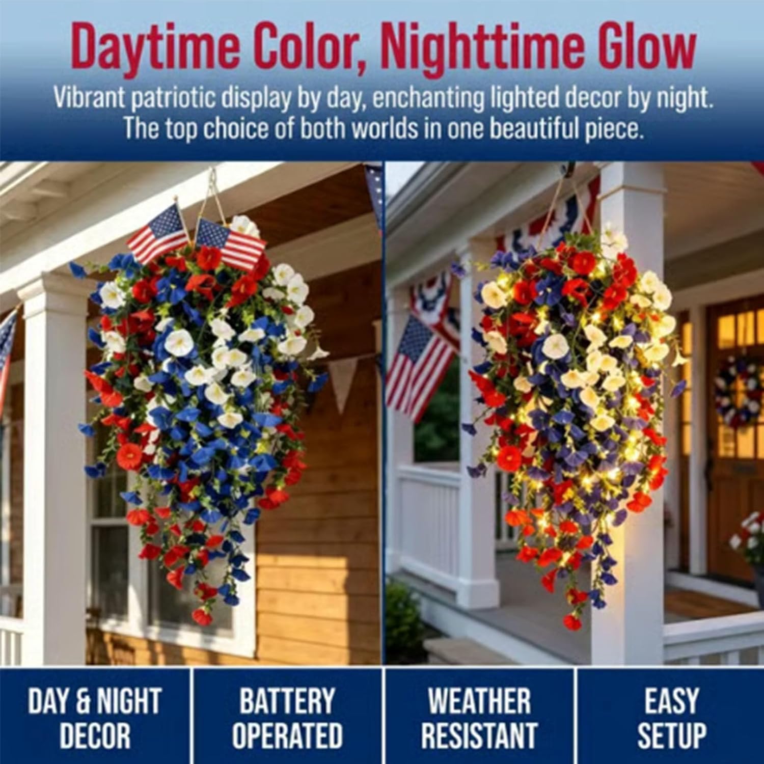 Patriotic Hanging Flower Baskets, Anniversary Porch Decor, red White and Blue Hanging Flowers, Artificial Hanging Plants red White and Blue (Without Light*2)