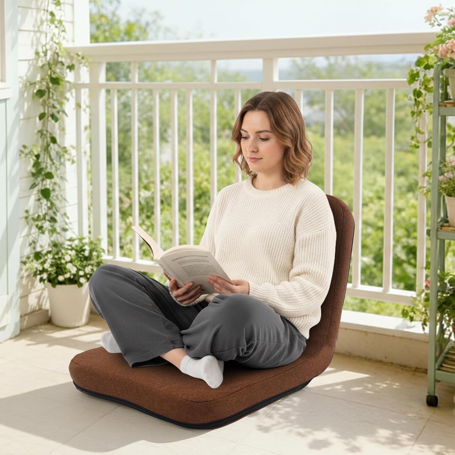 Adjustable Floor Chair with Back Support – Foldable Meditation Chair with 5-Position Recline & Thick Cushion, Portable Floor Lounger for Gaming Yoga Reading, Gray Posture Support and Comfort (Coffee)