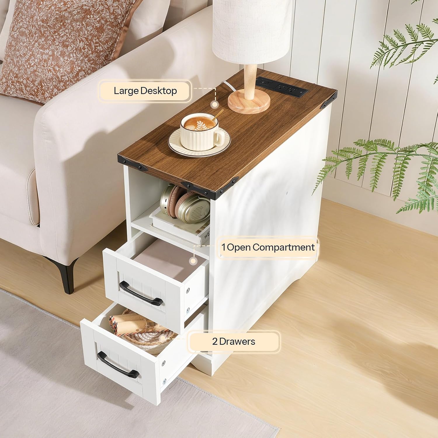 HOOBRO Narrow End Table with Drawers, Farmhouse Nightstand with Charging Station, 3 Storage Shelves on the Back, Slim Bedside Table for Living Room, Bedroom, Small Space, White and Walnut WH362UBZ01