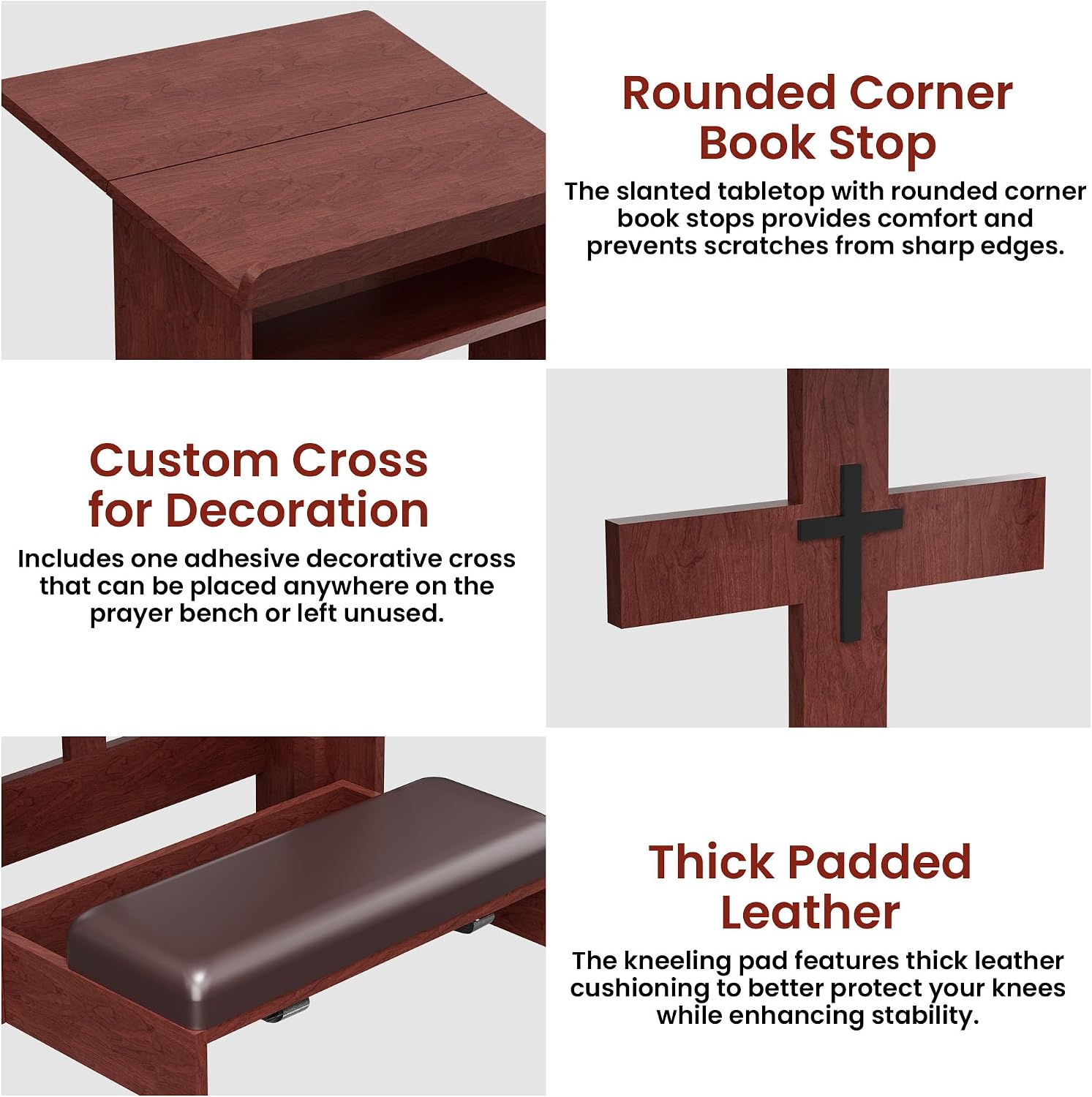 Foldable Prayer Kneeler, Wooden Prayer Bench with Storage Shelf, Cushion Pad, Rounded Corner Bookend and Customizable Cross Decoration, Reinforced Steel Tube Base Design (Mahogany)