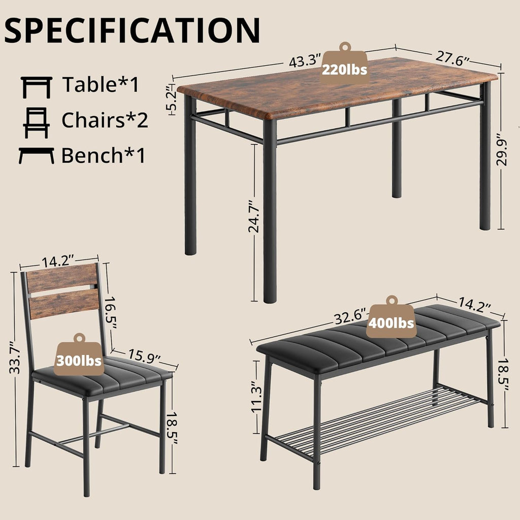 IRONCK Dining Table Set for 4, Kitchen Table with Upholstered Bench and 2 Chairs, Kitchen Table and Chairs Set for Small Space, Apartment, Rustic Brown